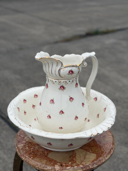 Antyczny Komplet Dzbanek i Misa Porcelanowa w Różyczki – Francja, Alzacja Strasbourg
