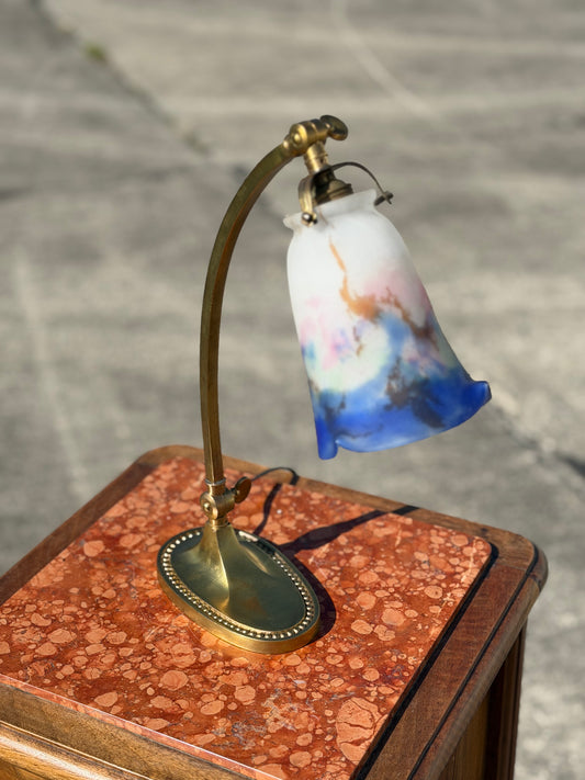 Antyczna Mosiężna Lampa Biurkowa | Klosz Szklany Art Deco | Regulowane Ramię
