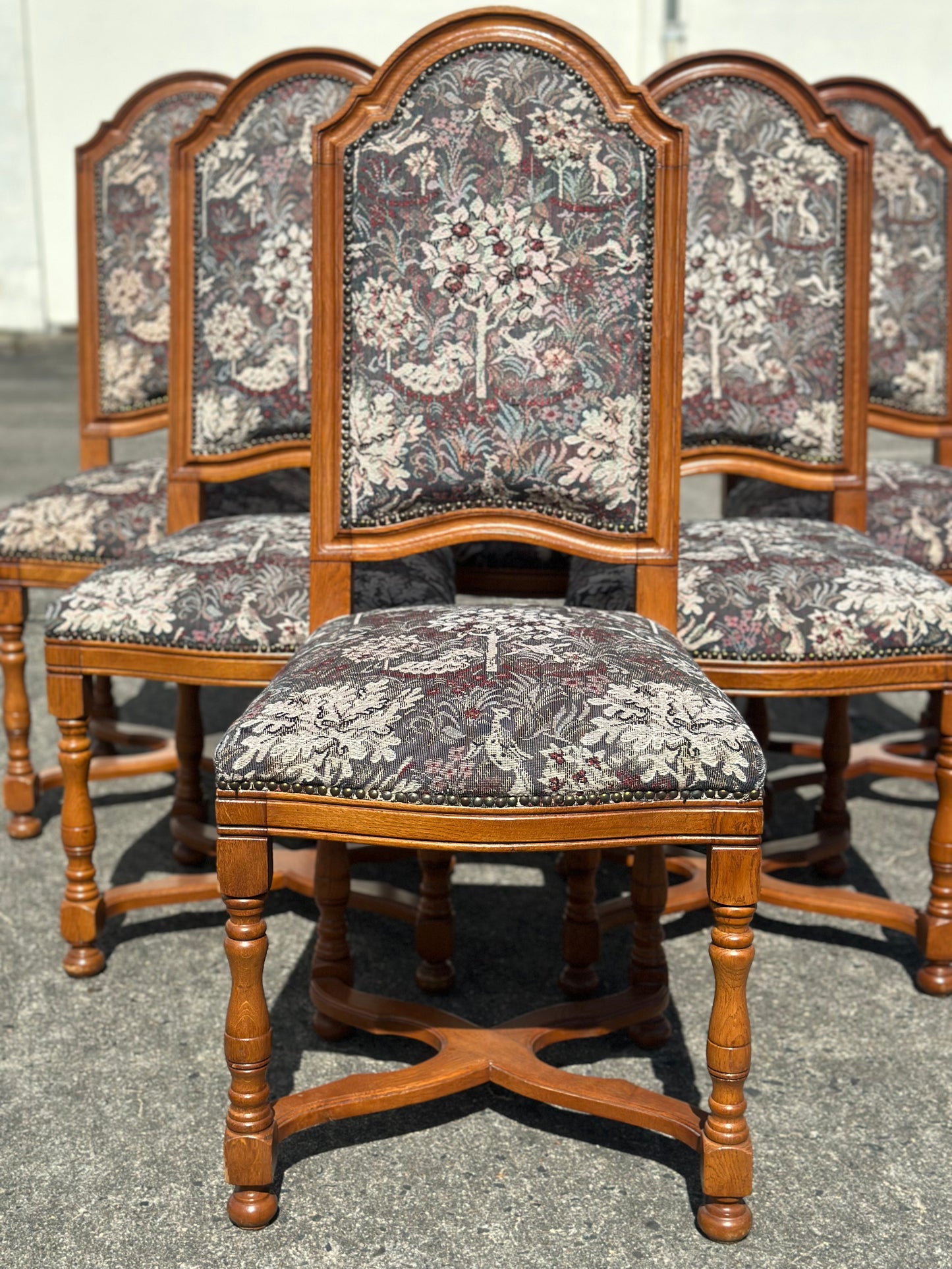 Komplet 6 antycznych krzeseł dębowych | tapicerka gobelinowa, styl neorenesansowy