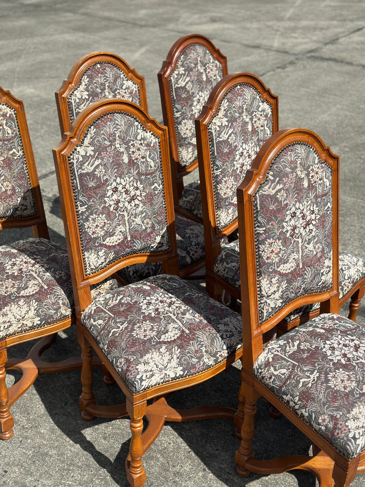 Komplet 6 antycznych krzeseł dębowych | tapicerka gobelinowa, styl neorenesansowy