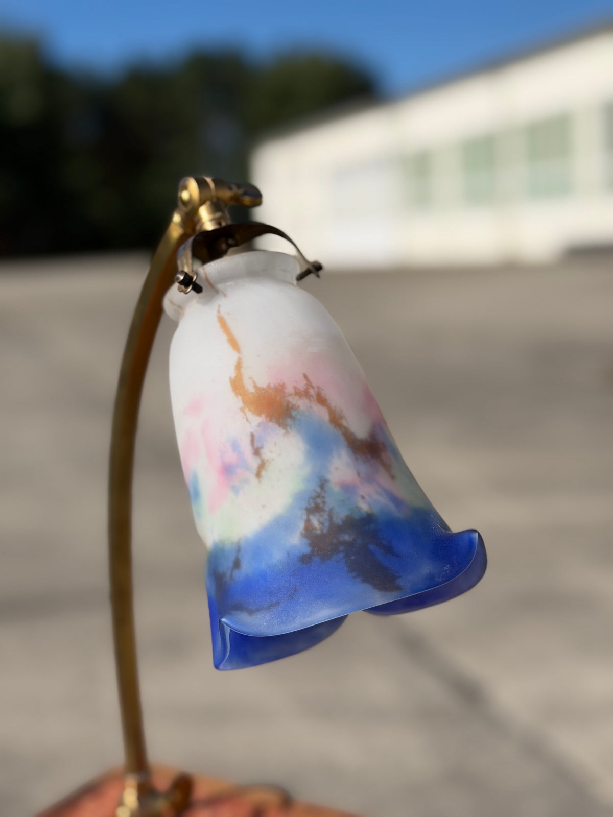 Antyczna Mosiężna Lampa Biurkowa | Klosz Szklany Art Deco | Regulowane Ramię
