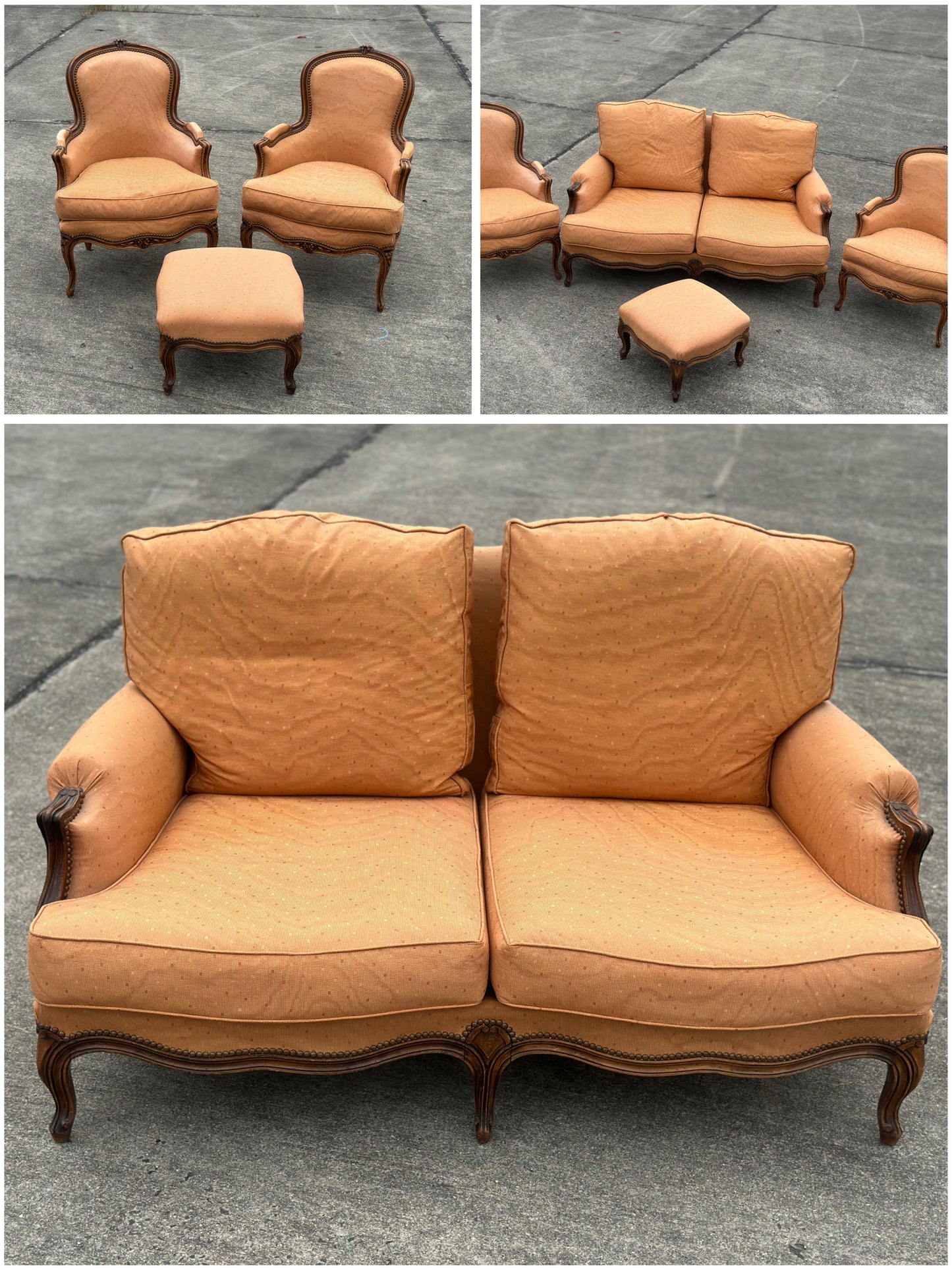 Komplet wypoczynkowy w stylu ludwikowskim – Sofa, 2 fotele, pufa | Francja, XX w.