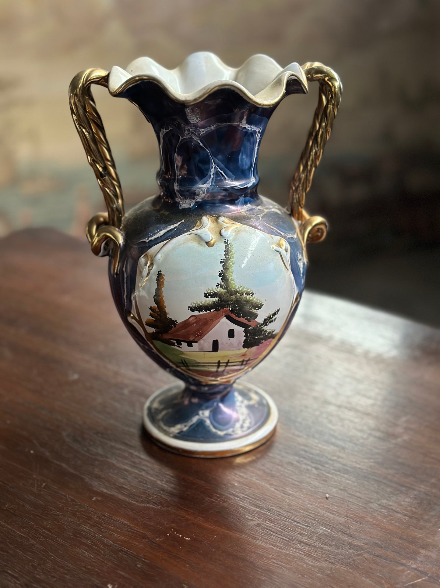 Amfora Vintage "Pejzaż" - Granatowa Porcelana Złocona, Francja