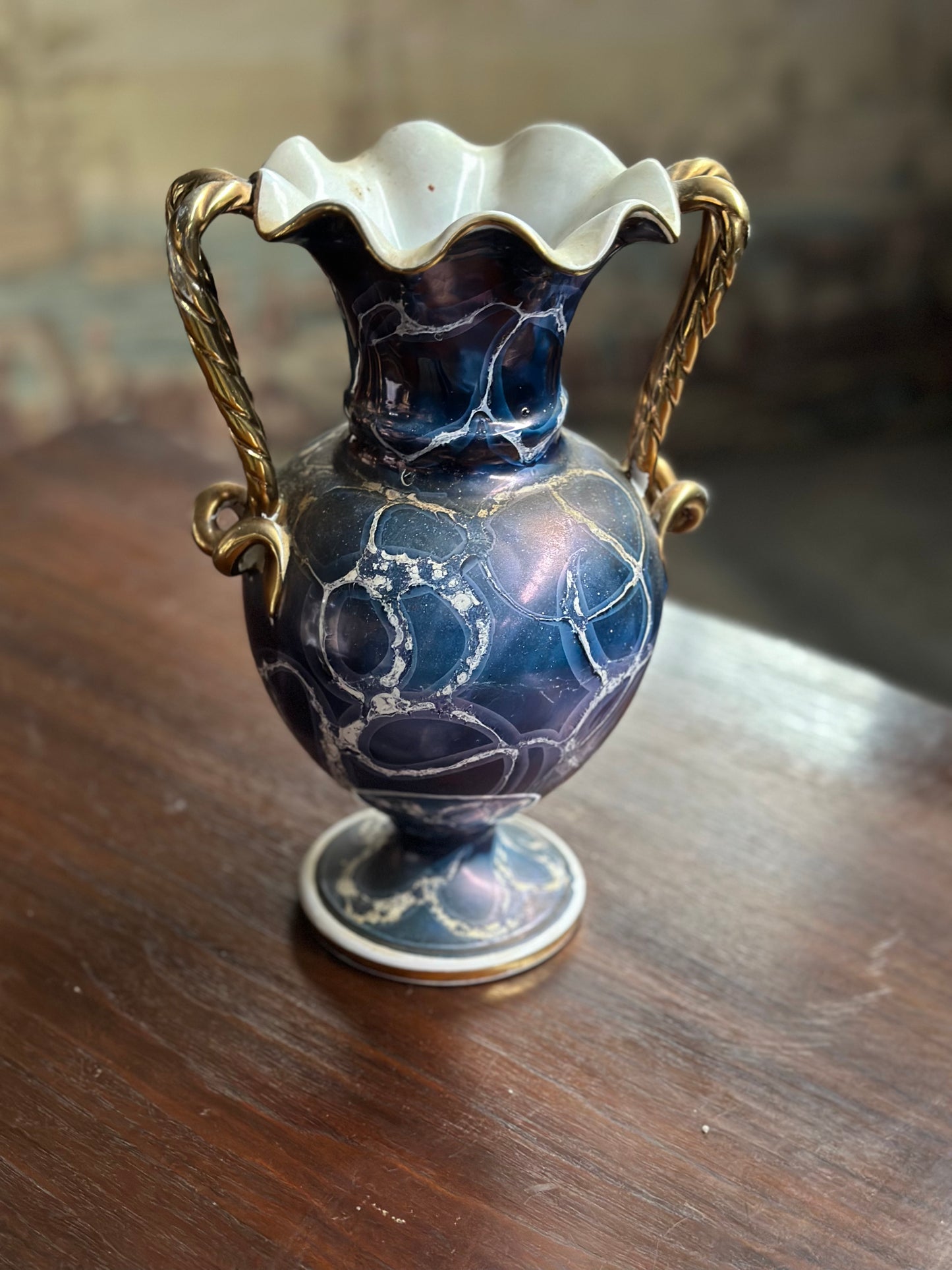 Amfora Vintage "Pejzaż" - Granatowa Porcelana Złocona, Francja