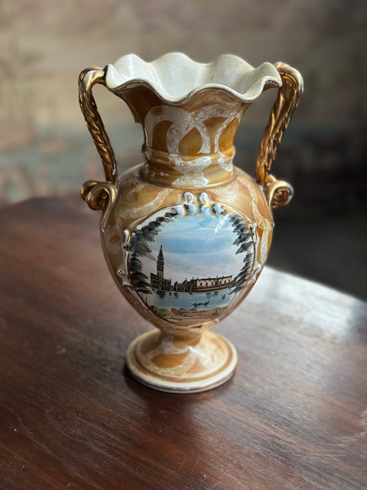 Waza Amfora Vintage "Widok Wenecji" - Porcelana Złocona Z Francji