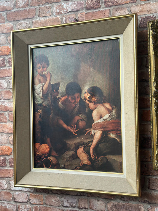 Stary obraz w ramie – Chłopcy grający w kości (reprodukcja dzieła Murillo), Vintage