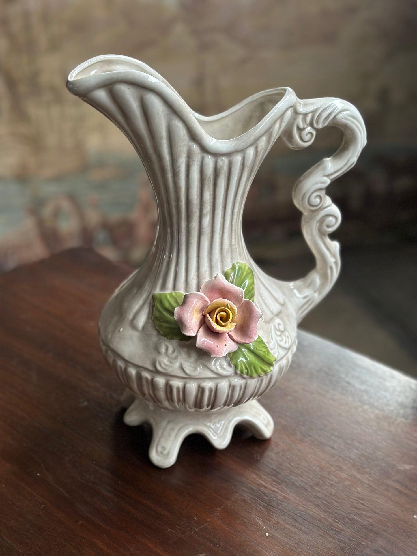 Waza Dzbanek Vintage "Róża Francuska" - Porcelana Reliefowa Z Francji